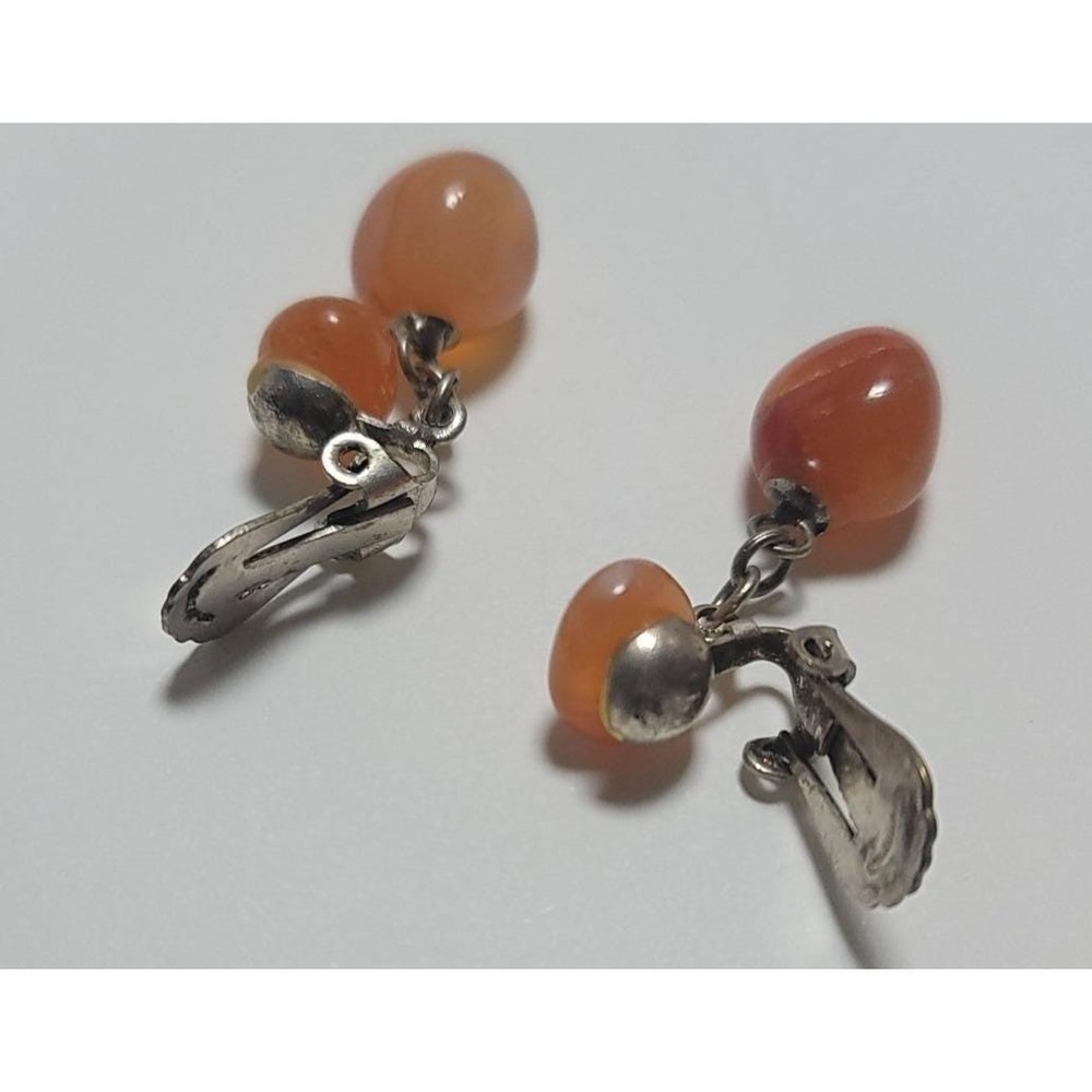 Vintage Silver Tone Carnelian Gemstone Dangle Drop Earrings Womens Clip On Style - Picture 6 of 7